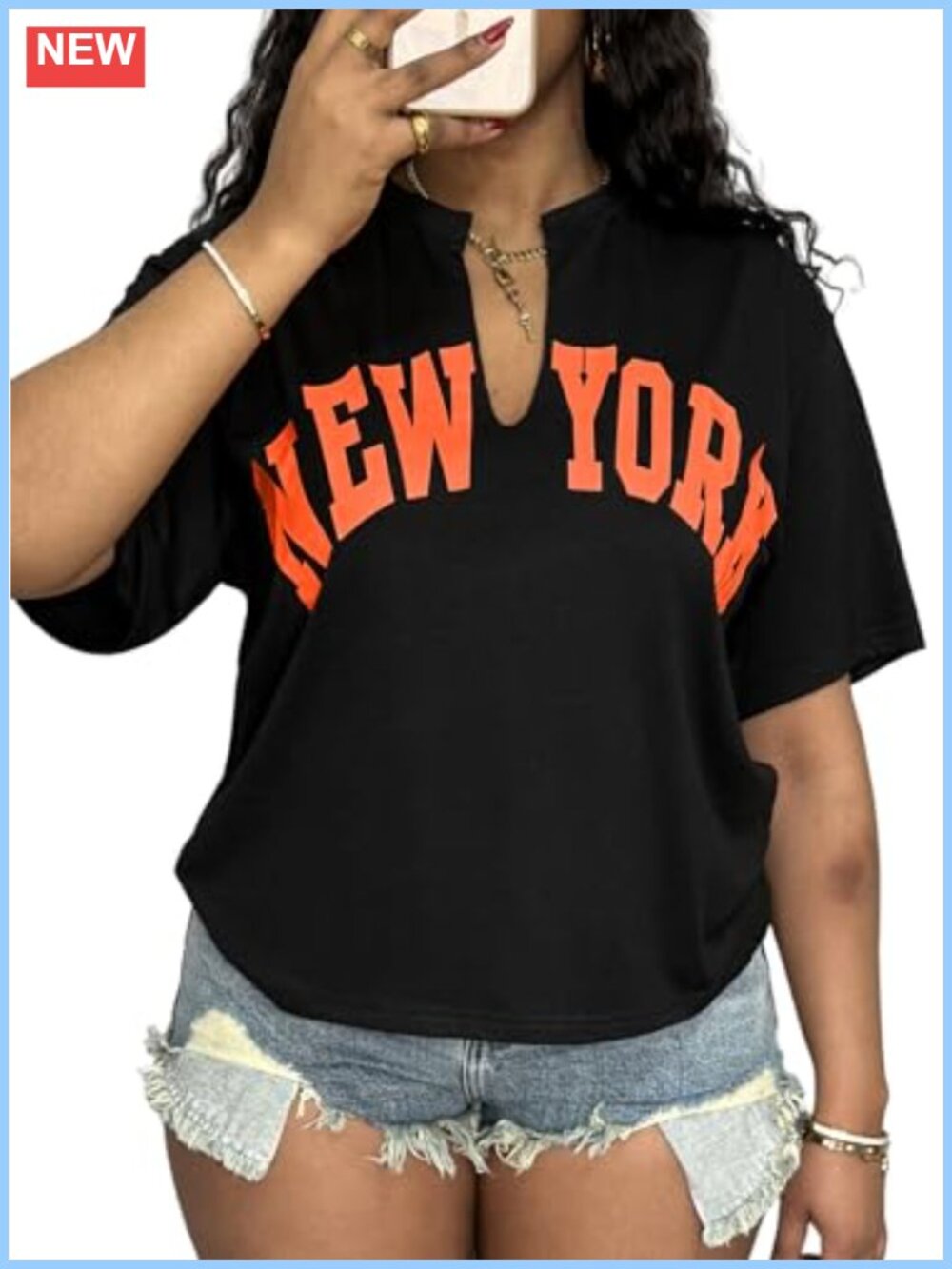 Oversized V-Neck Graphic Tee Soft Stretchy Summer Top Loose Fit Longline